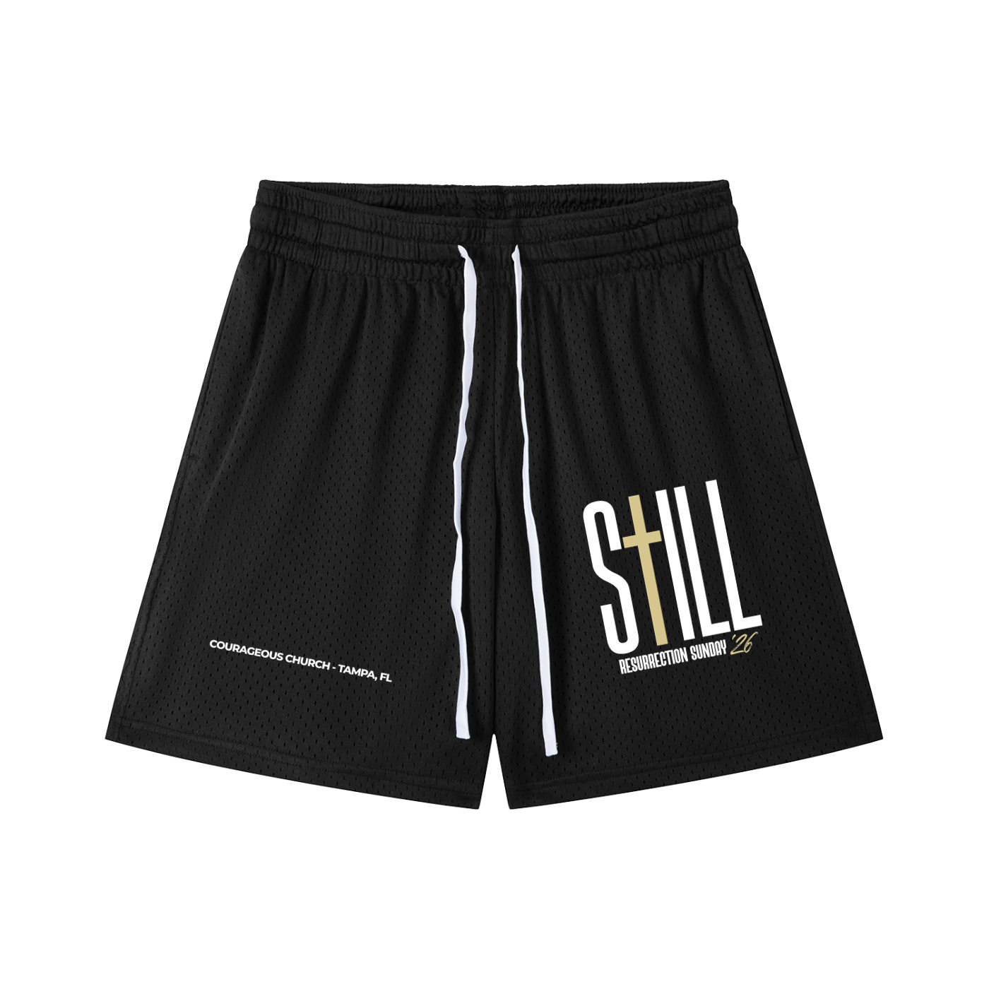Resurrection Sunday “Still” Black Mesh Shorts - Soft Gold