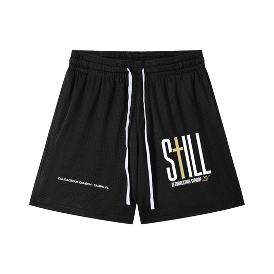 Resurrection Sunday “Still” Black Mesh Shorts - Soft Gold