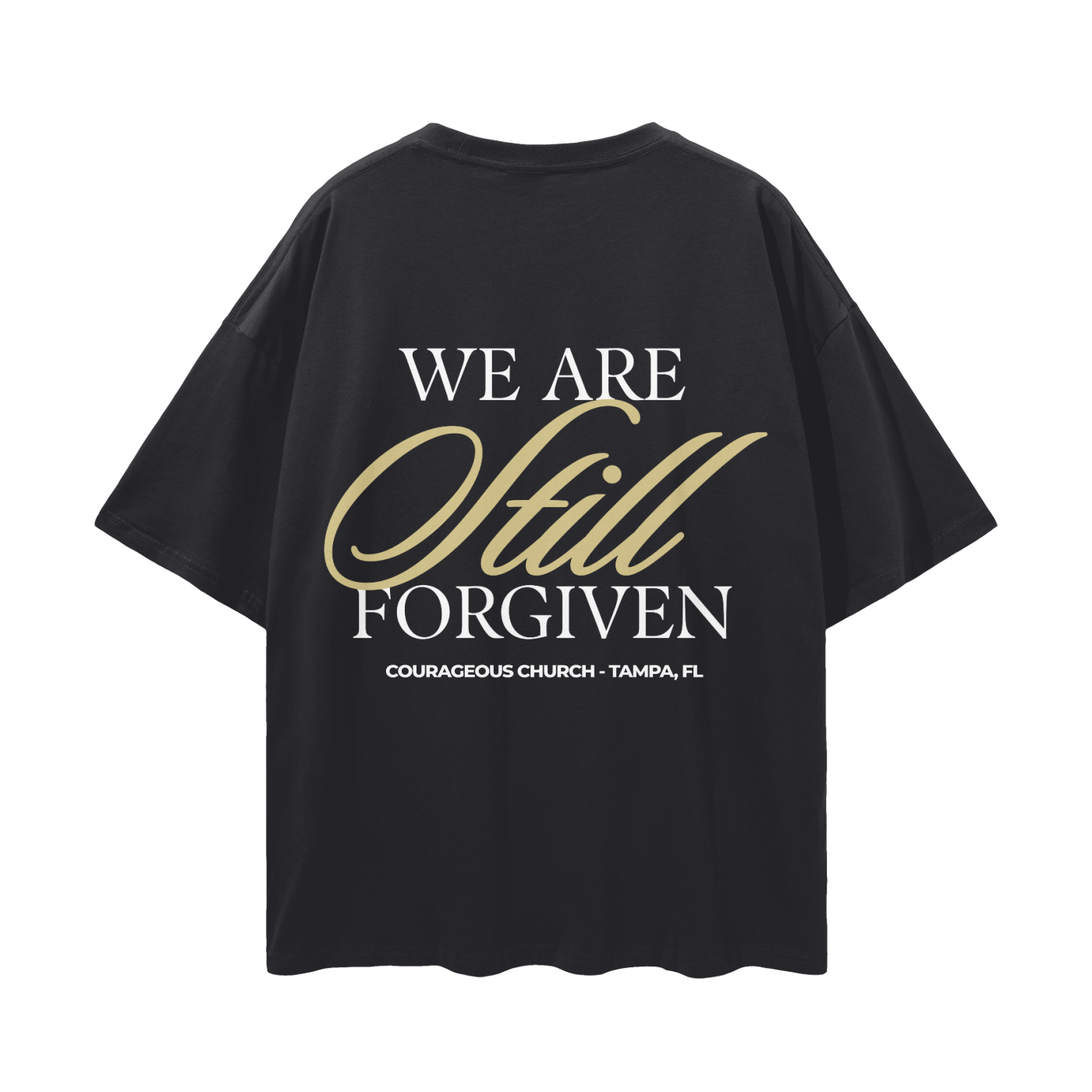 Resurrection Sunday “Forgiven” Black Drop Shoulder T-Shirt - Soft Gold